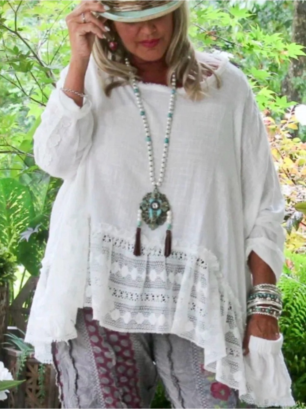 Jaded Gypsy White Lace Hem Women's Tunic Top